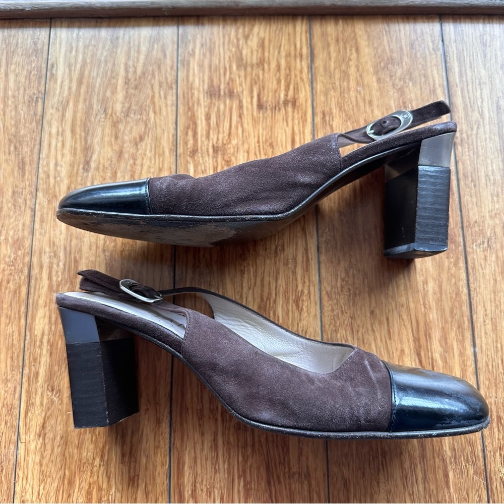 Vintage Chanel Brown and Black Women's Slingback Heels Size 7